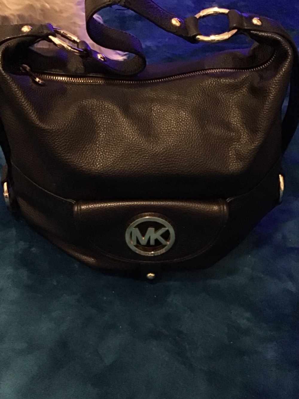 Michael Kors Black Pebbled Leather Shoulder Bag with Gold MK Emblem